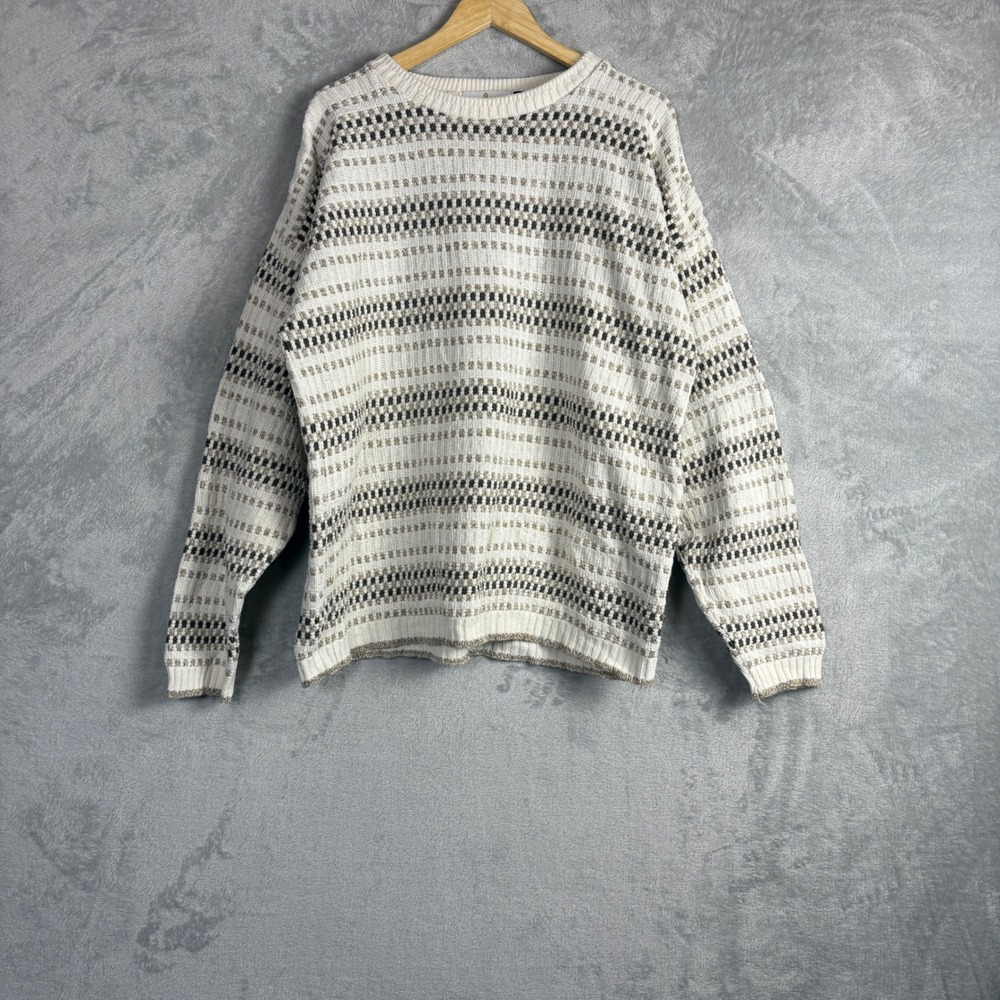 Vintage Bill Blass Sweater Striped Geometric Knit Large Cream Tan Brown Pullover